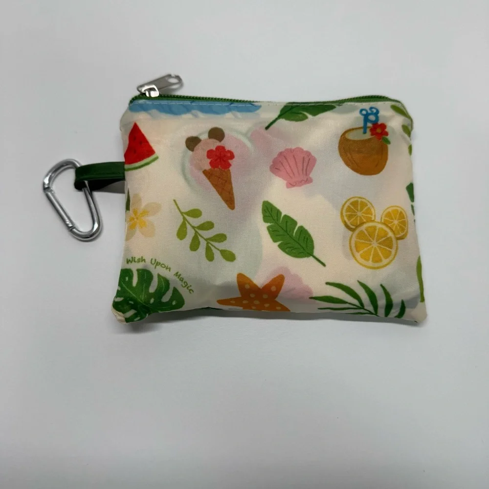 Reusable Packable Tote Bag In Pouch Seashells Palm Leaves Flowers Travel